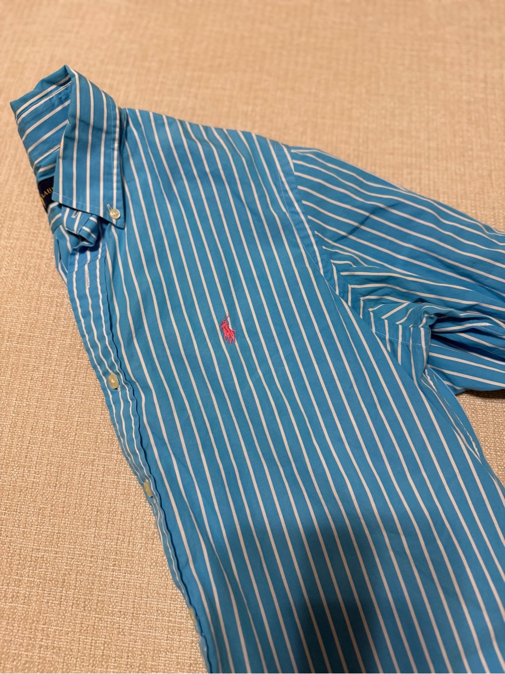 Ralph Lauren Blue and White Striped Button-Down Shirt with Pink Pony